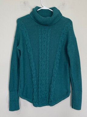LL Bean Sweater Women's M Teal Cable Knit Turtleneck Pullover Cotton